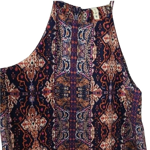 Tyche Navy Tribal Print Trapeze Shift Mini Dress Sleeveless High Neck Summer - Picture 2 of 11